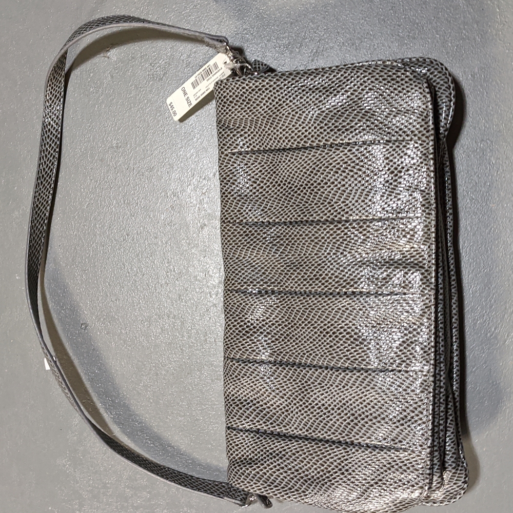 Grey purse with silver detail fold over top